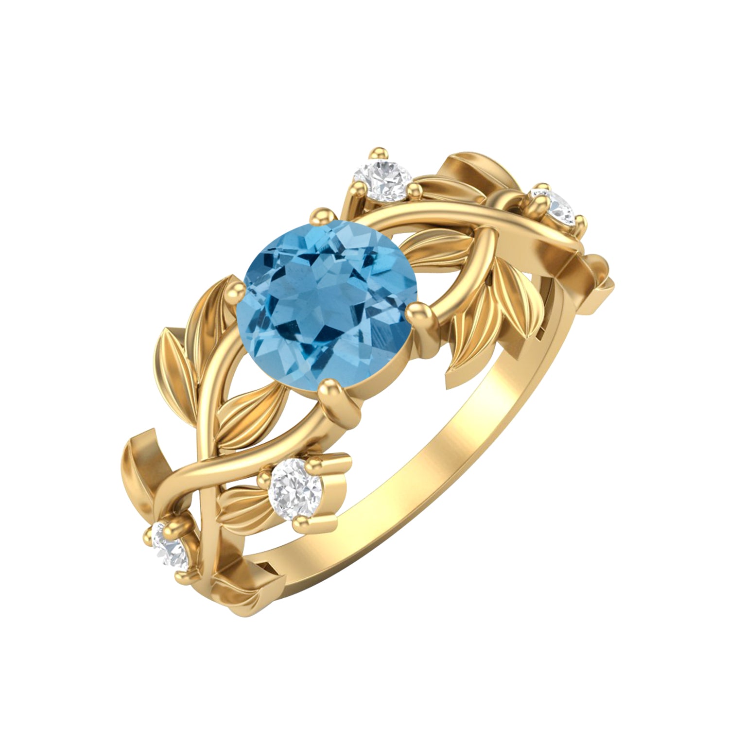 Swiss Blue Topaz Leaf-Inspired Solitaire Ring - Sterling Silver