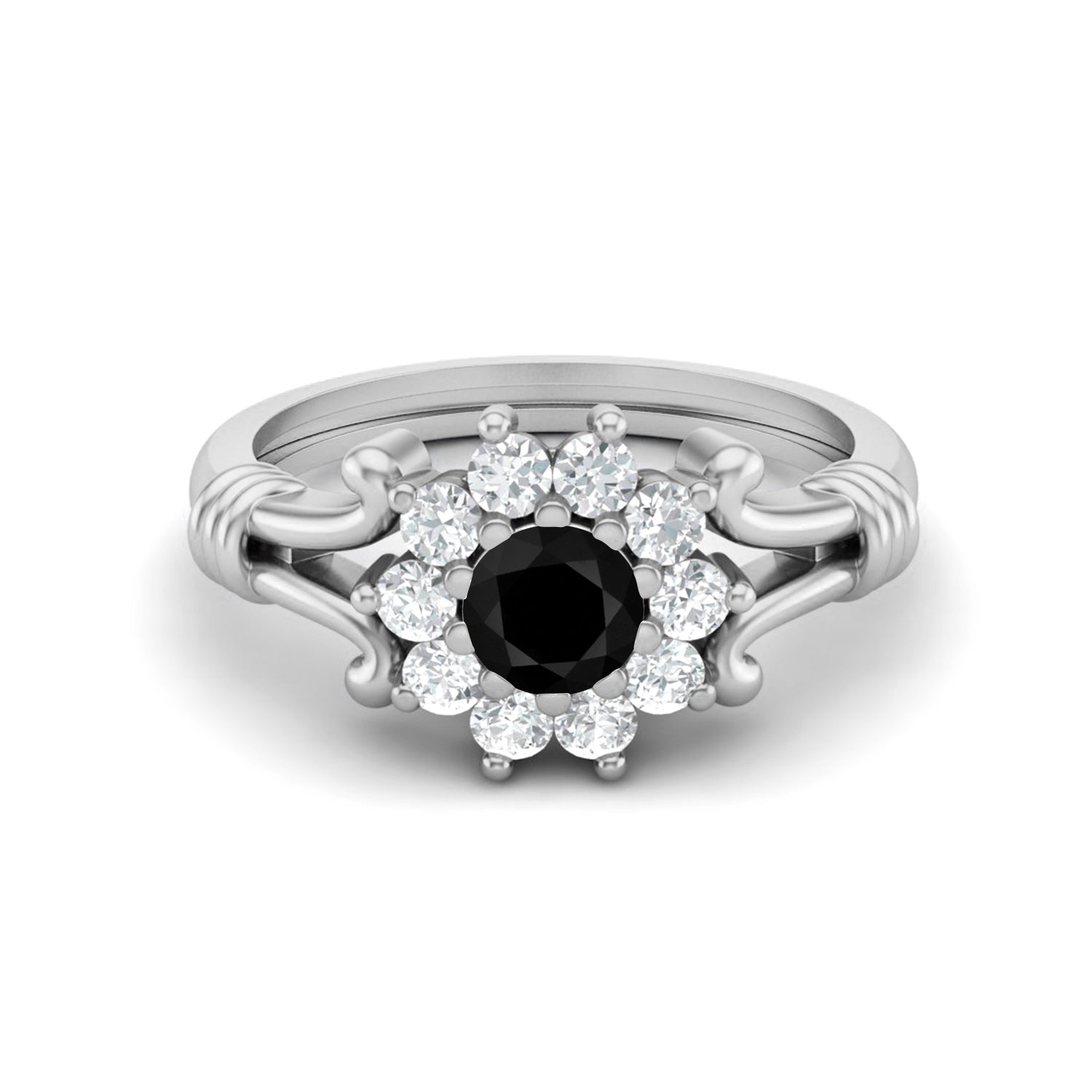 Black Spinel Vintage Floral Halo Ring - Sterling Silver