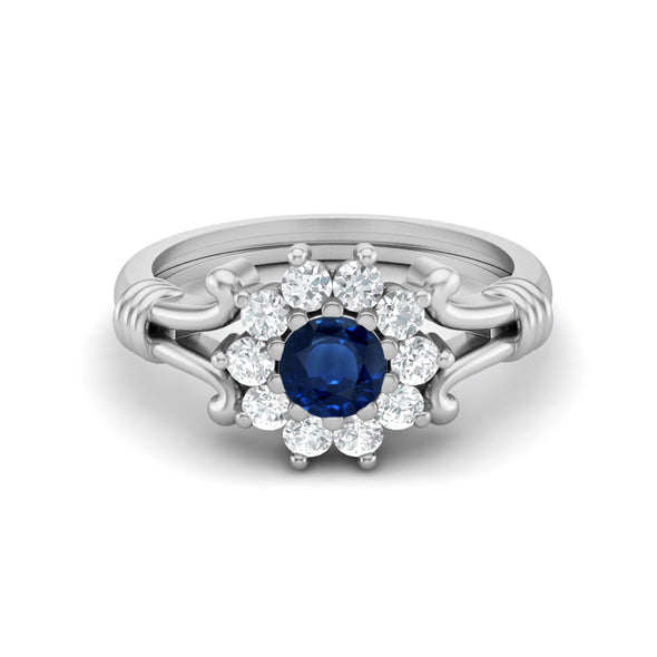 925 Sterling Silver Blue Sapphire Wedding Ring Round Shaped Halo Bridal Ring