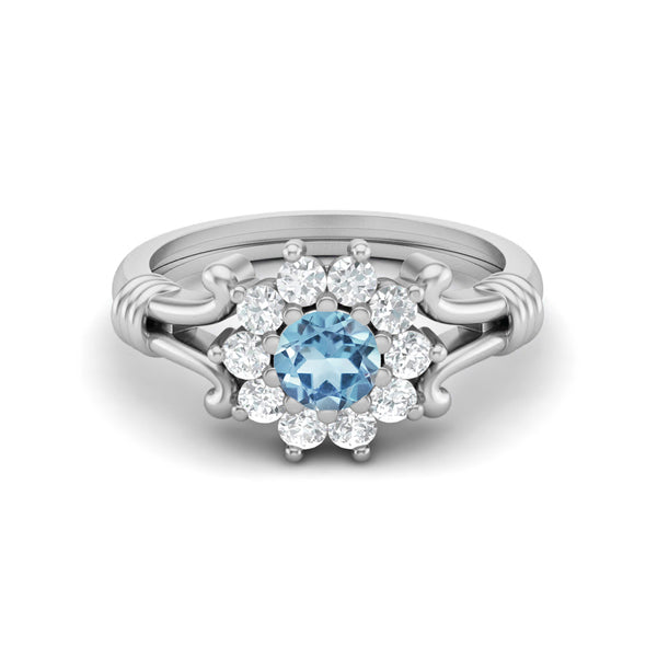 Round Shaped Blue Topaz Halo Wedding Ring 925 Sterling Silver Promise Ring