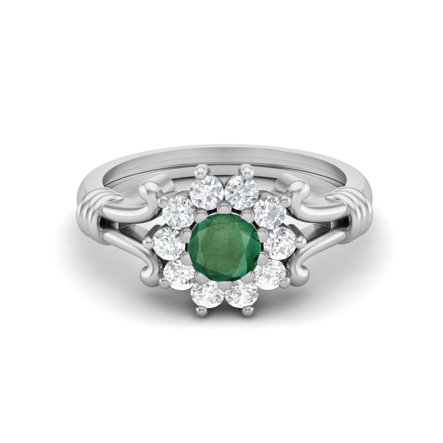 Emerald Floral-Inspired Halo Ring – Sterling Silver