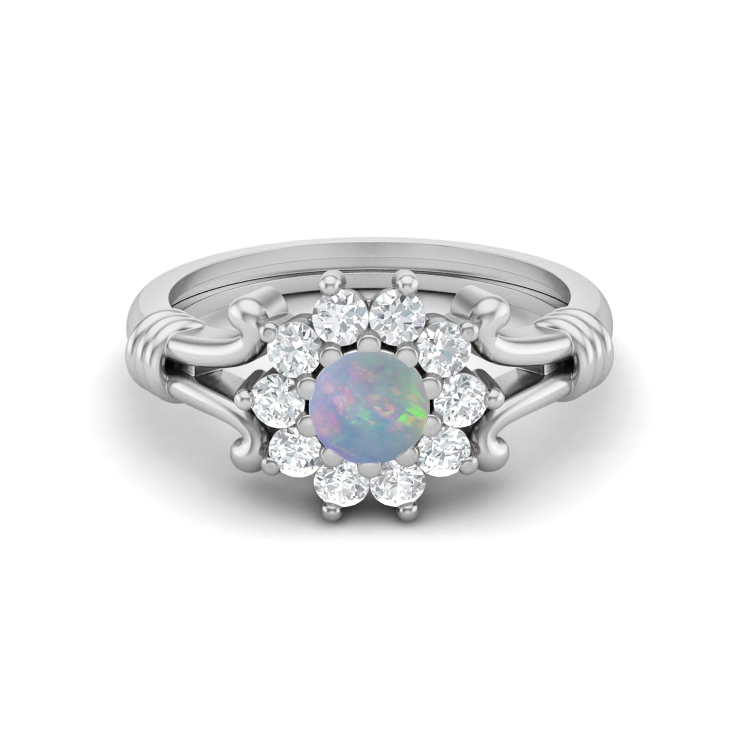 Opal Vintage Floral Halo Ring - Sterling Silver