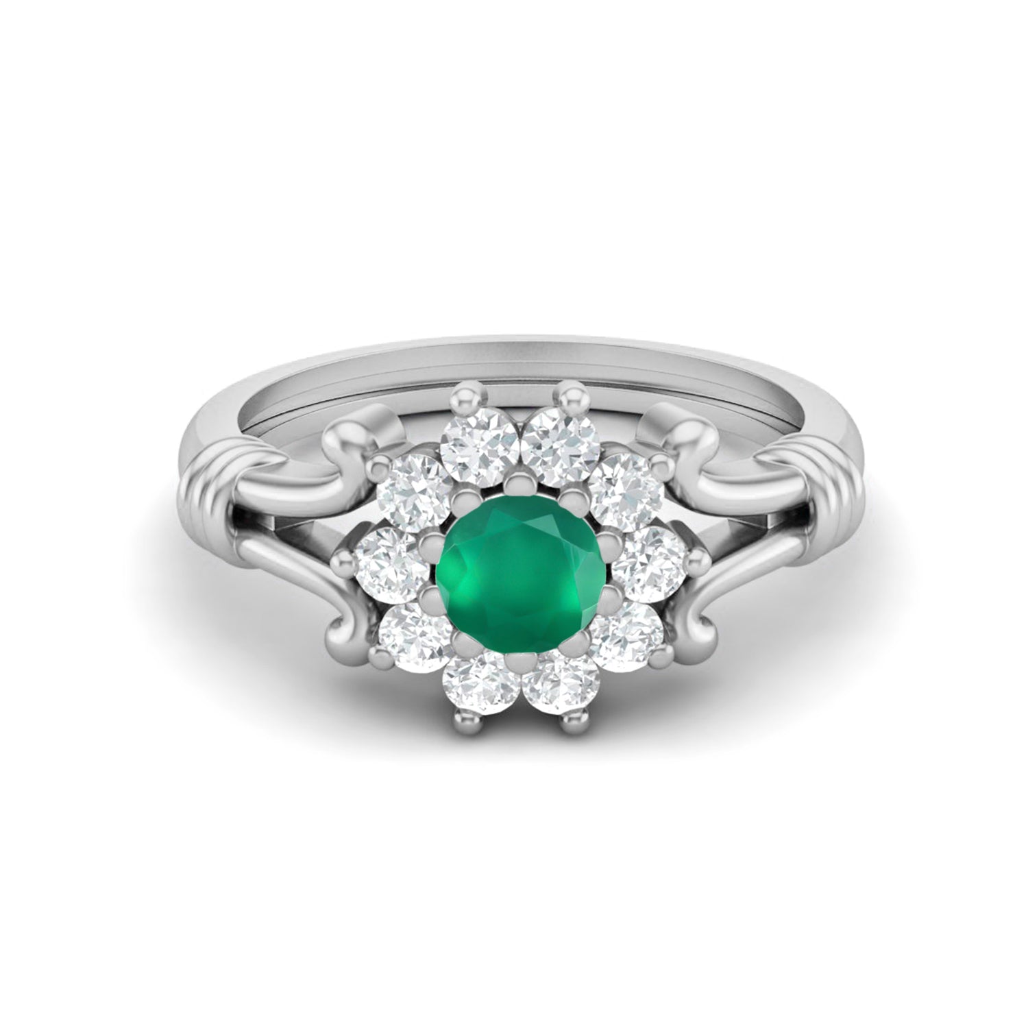 Green Onyx Vintage Floral Halo Ring - Sterling Silver