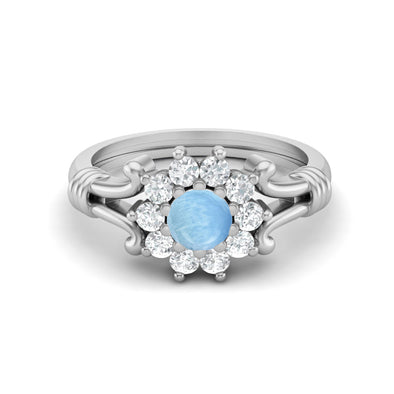 Art Deco Larimar Halo Wedding Ring 925 Sterling Silver Bridal Ring