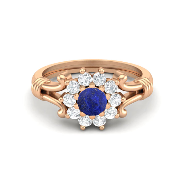 925 Sterling Silver Lapis Lazuli Engagement Ring Art Deco Cluster Wedding Ring