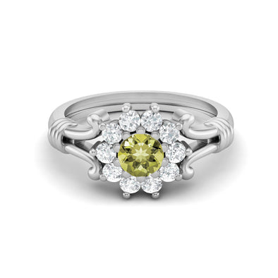 Natural Lemon Quartz Wedding Ring 925 Silver Halo Bridal Ring