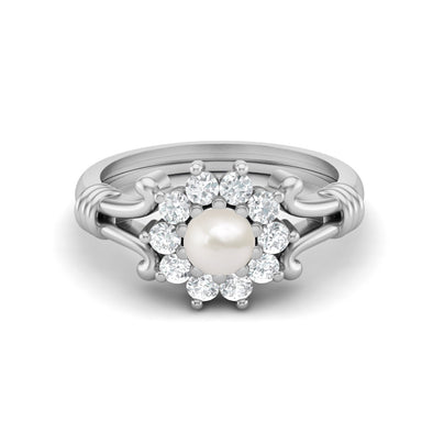 925 Sterling Silver Pearl Bridal Gift Ring Art Deco Wedding Ring