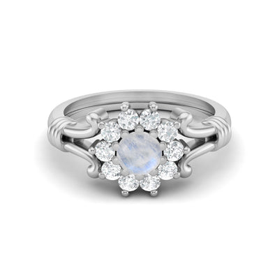 Natural Moonstone Halo Wedding Ring Art Deco Bridal Promise Ring