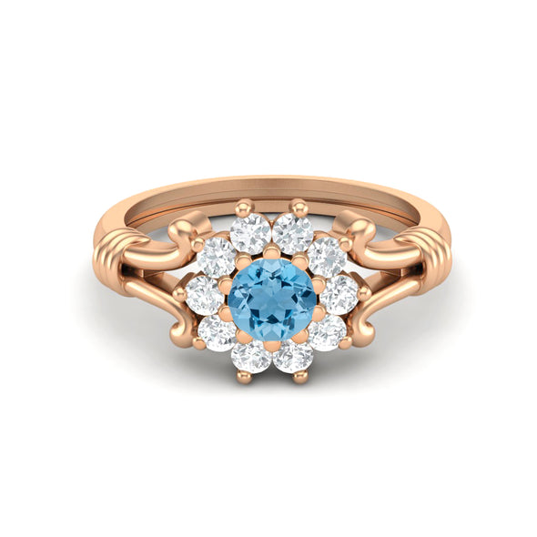 925 Sterling Silver Swiss Blue Topaz Antique Bridal Promise Ring