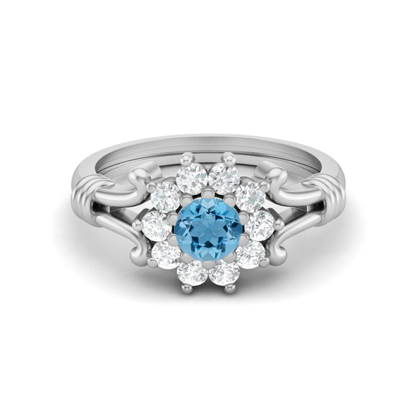 925 Sterling Silver Swiss Blue Topaz Antique Bridal Promise Ring