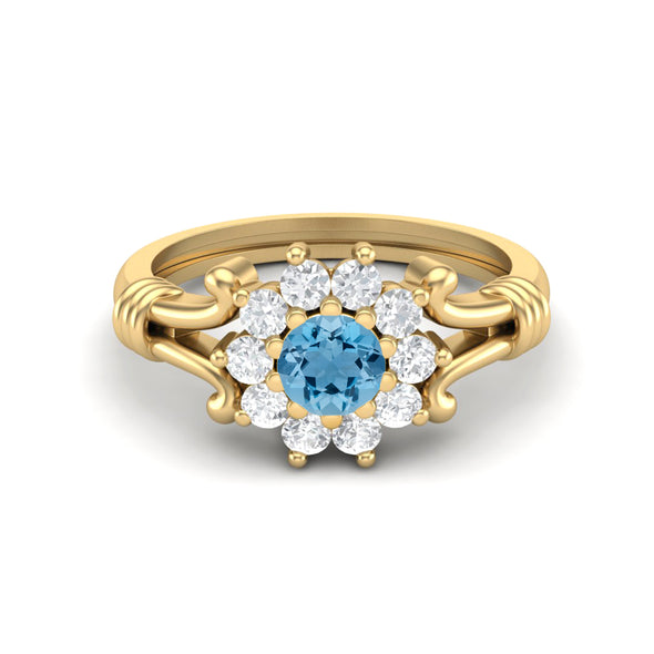 925 Sterling Silver Swiss Blue Topaz Antique Bridal Promise Ring