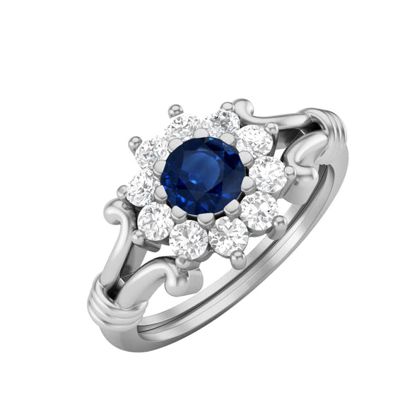 925 Sterling Silver Blue Sapphire Wedding Ring Round Shaped Halo Bridal Ring