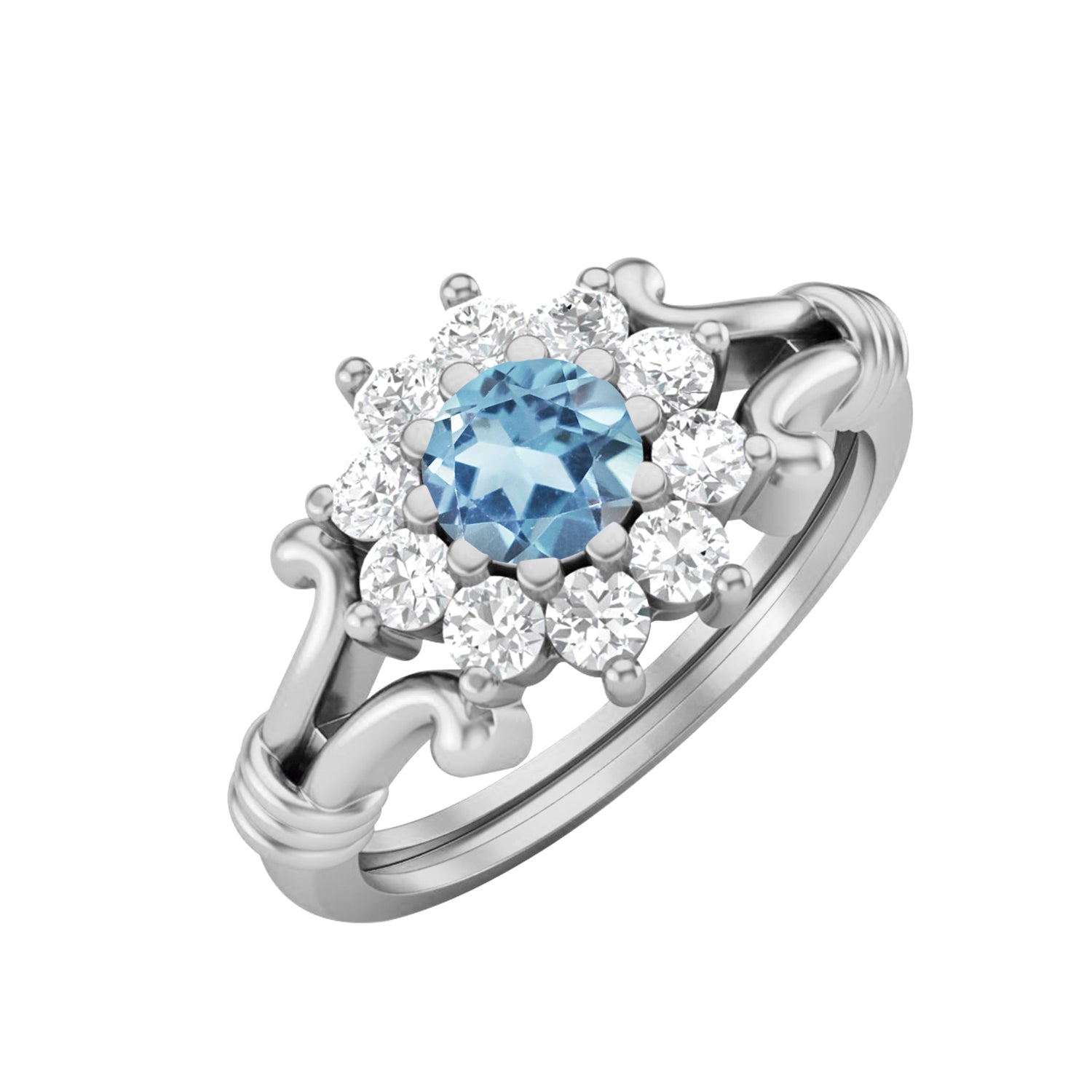 Blue Topaz Vintage Floral Halo Ring - Sterling Silver