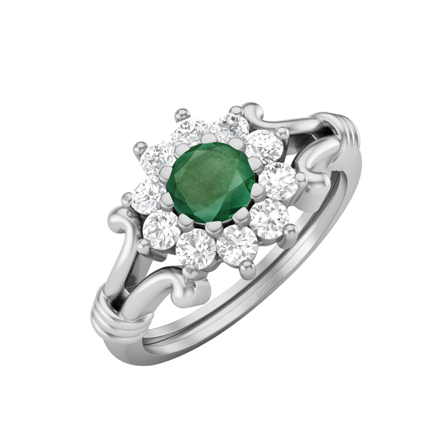 Emerald Floral-Inspired Halo Ring – Sterling Silver