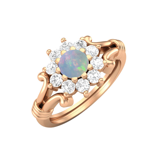 925 Sterling Silver Opal Promise Ring Art Deco Cluster Wedding Ring