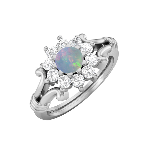 925 Sterling Silver Opal Promise Ring Art Deco Cluster Wedding Ring
