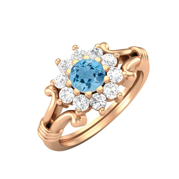 925 Sterling Silver Swiss Blue Topaz Antique Bridal Promise Ring