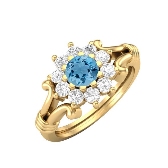 925 Sterling Silver Swiss Blue Topaz Antique Bridal Promise Ring