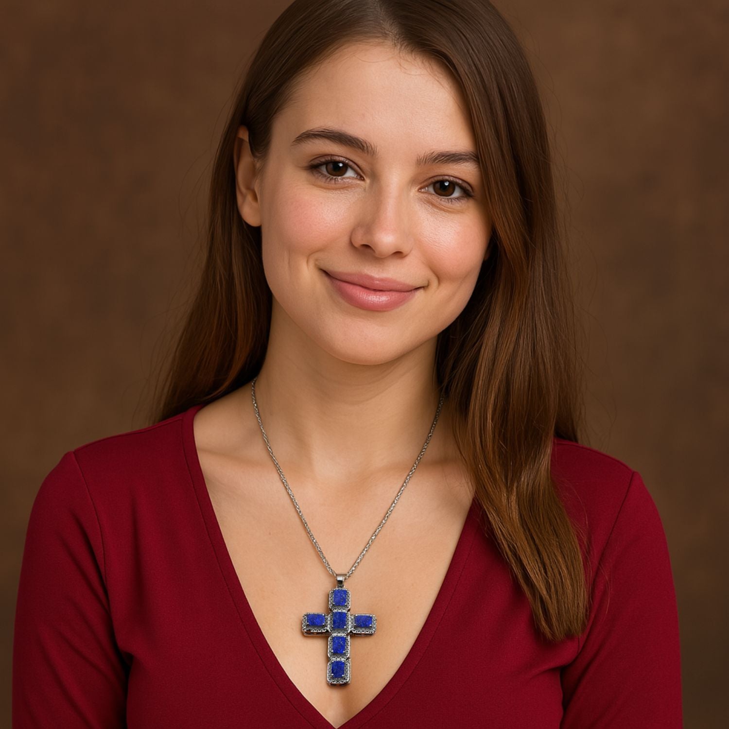 Multi Stone Rectangular Cross Pendant -Sterling Silver