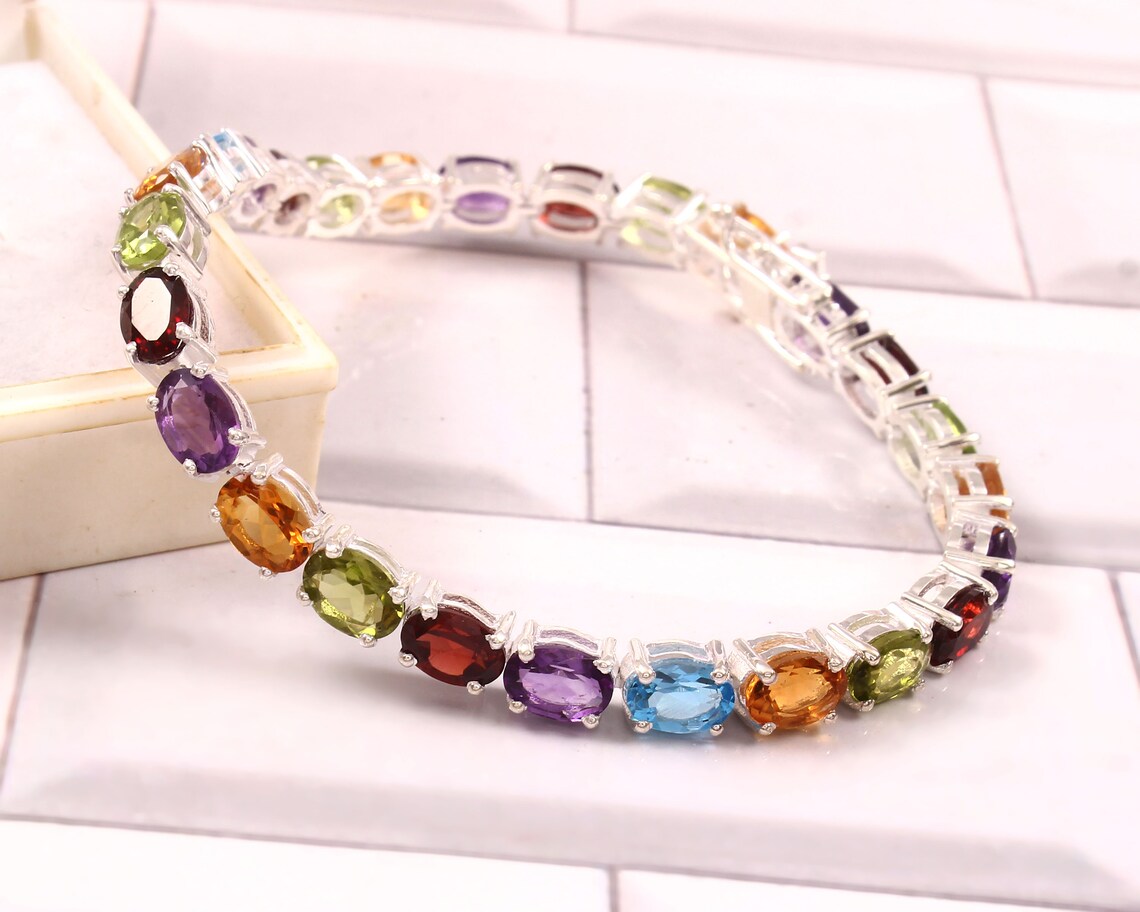 Multi Gemstone Tennis Bracelet – 925 Sterling Silver