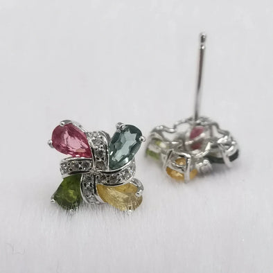 Pear Shaped Studs Earrings 925 Sterling Silver Multi Tourmaline Wedding Earrings For Women Promise Gift