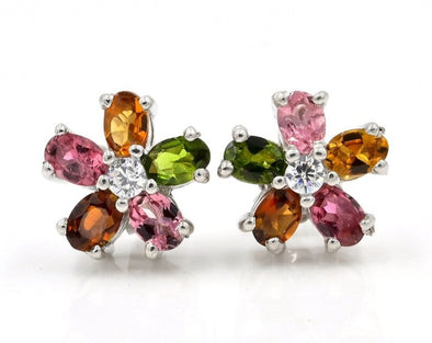 Multi Tourmaline Studs Earrings For Women 925 Sterling Silver Earrings Multi Stone Floral Earrings