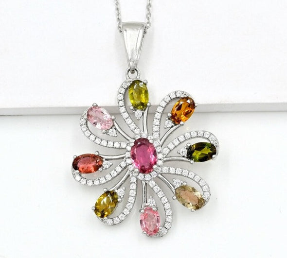 Oval Shaped Multi Tourmaline Wedding Gift Pendant For Women 925 Sterling Silver Pendant