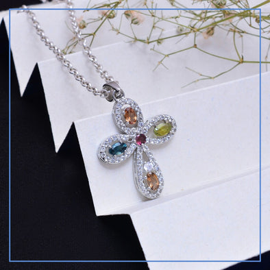 Multi Tourmaline Gemstone Cross Pendant For Women 925 Sterling Silver Multi Stone Necklace