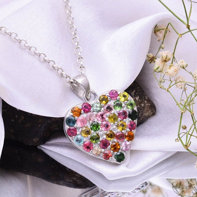 Heart Shaped Pendant For Women Unique Pendant With Chain Vintage Style Multi Tourmaline Necklace