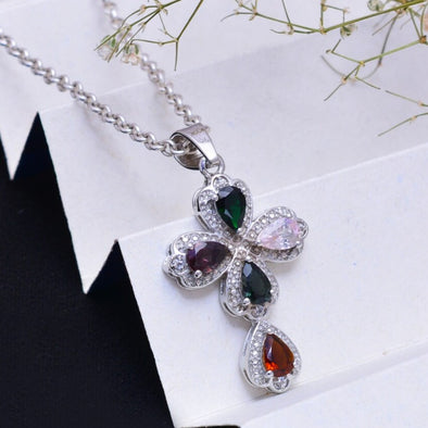 Pear Shaped Multi Tourmaline Cross Pendant For Women 925 Sterling Silver Wedding Necklace Gift