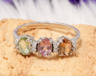 Oval Shaped Multi Tourmaline Engagement Ring Unique Multi Color Tourmaline Three Stone Ring