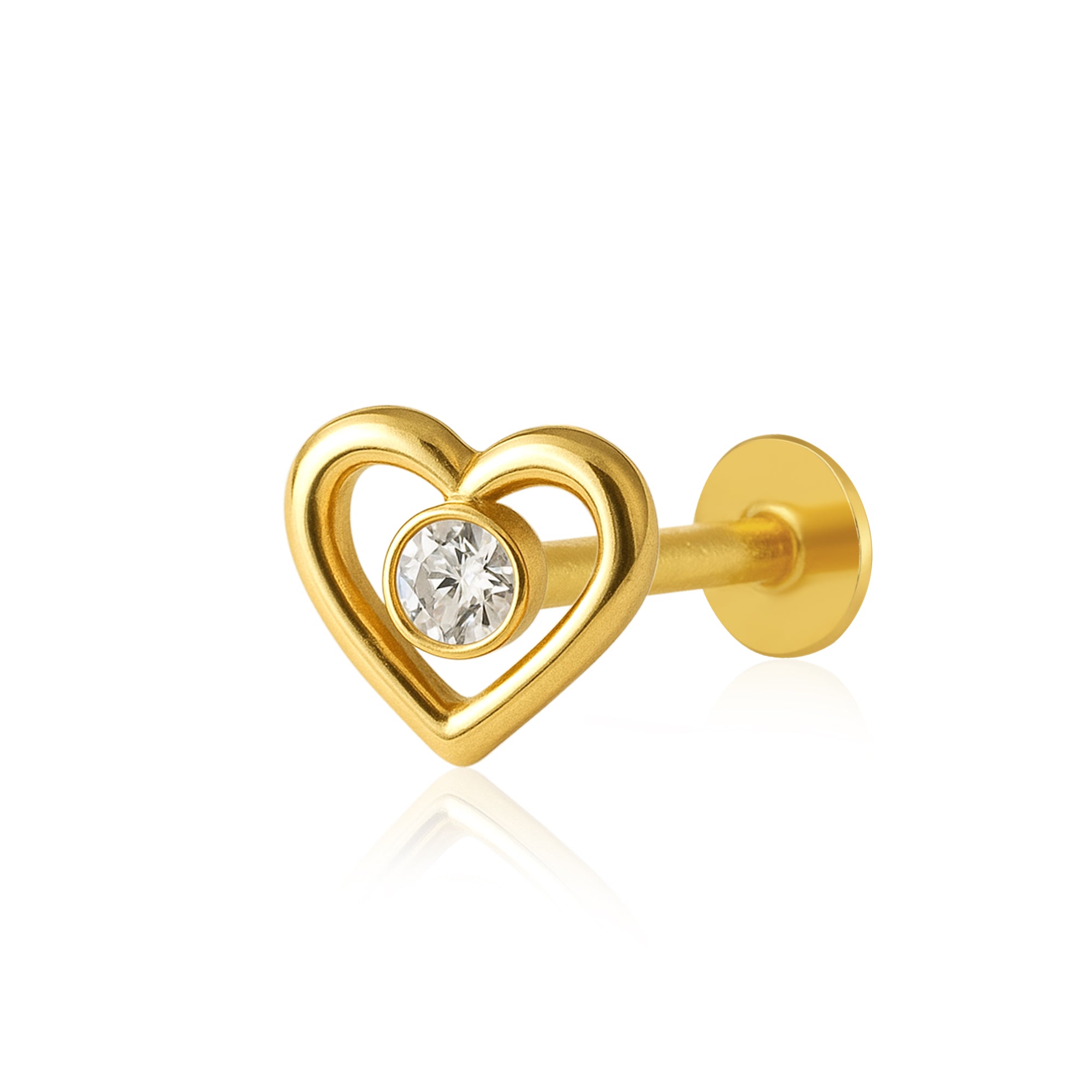 White CZ Center Heart Shape Nose Pin - Sterling Silver Gold-Plated
