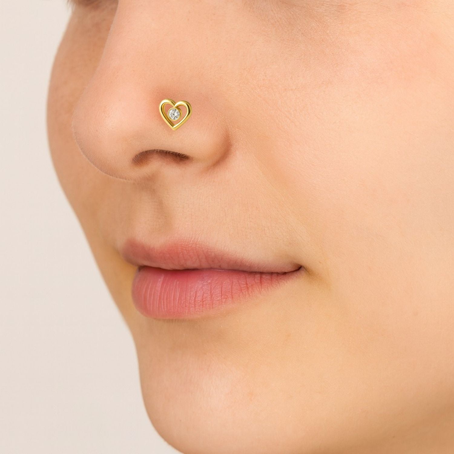 White CZ Center Heart Shape Nose Pin - Sterling Silver Gold-Plated