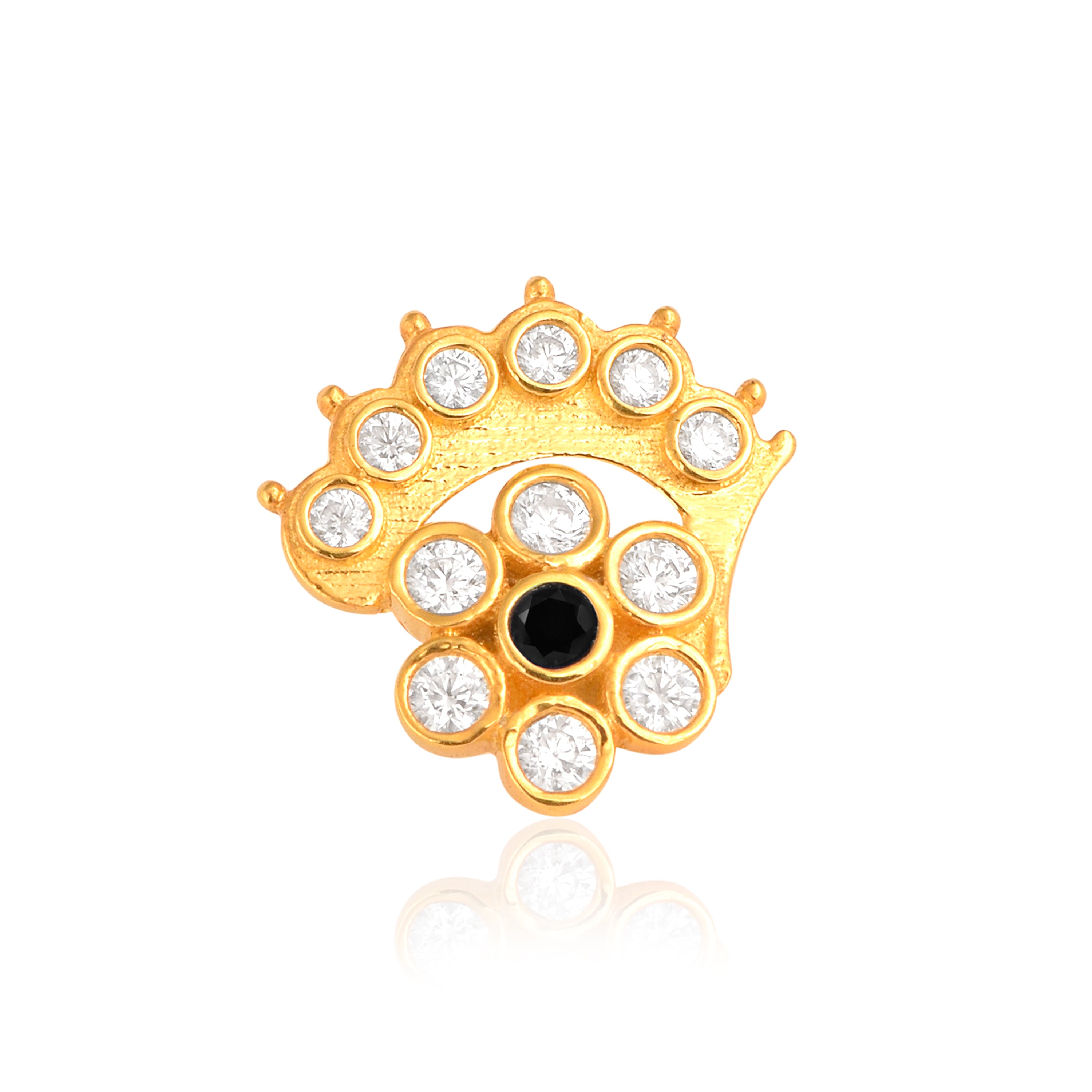 White & Black CZ Floral Crown Motif Nose Pin - Sterling Silver Gols Plated