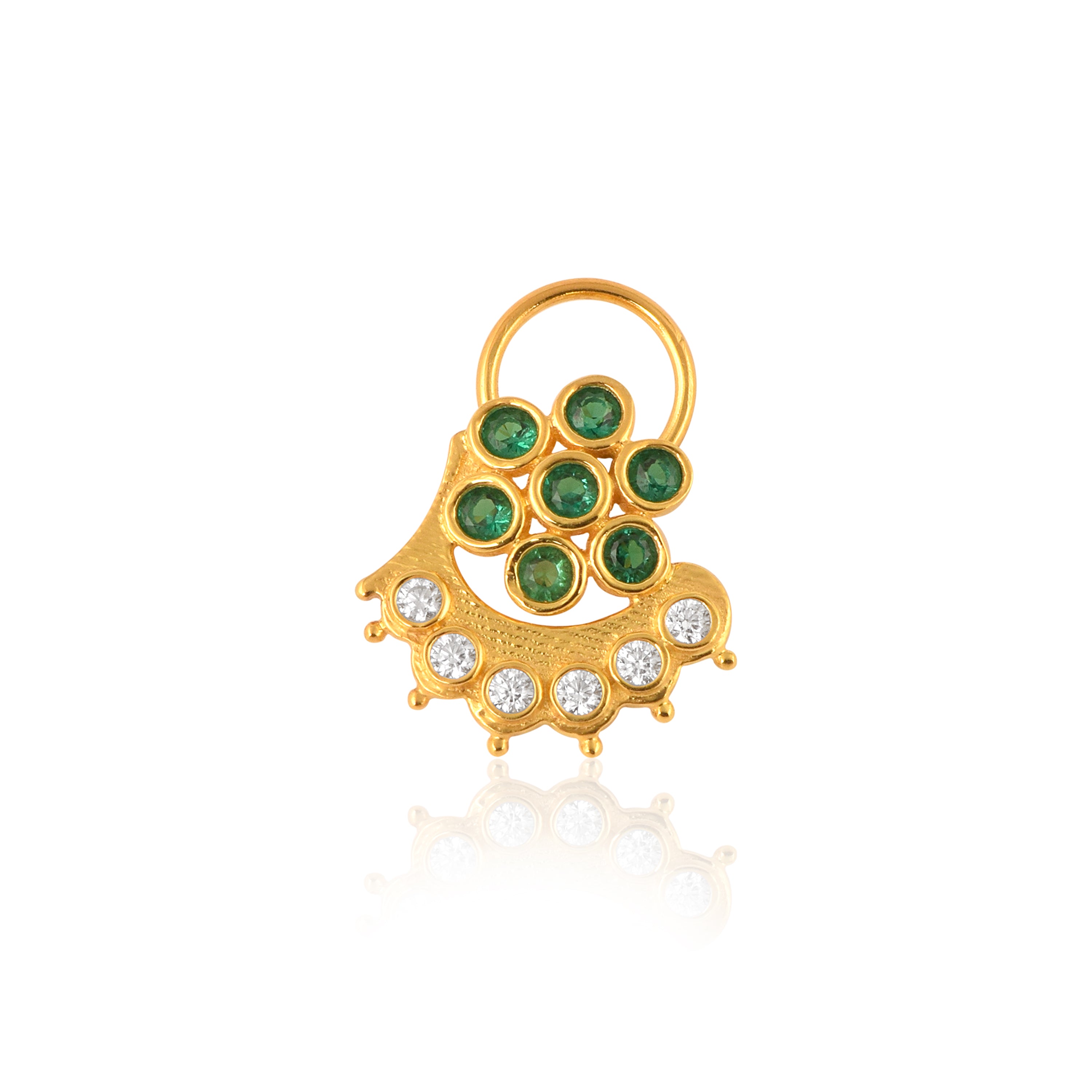 reen & White CZ Floral Arc Motif Nose Pin - Sterling Silver Gold Plated