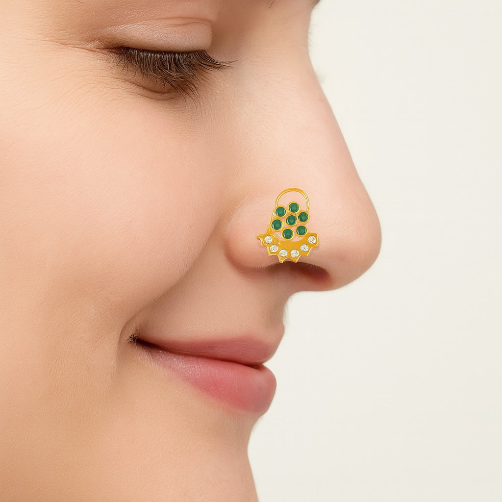 reen & White CZ Floral Arc Motif Nose Pin - Sterling Silver Gold Plated