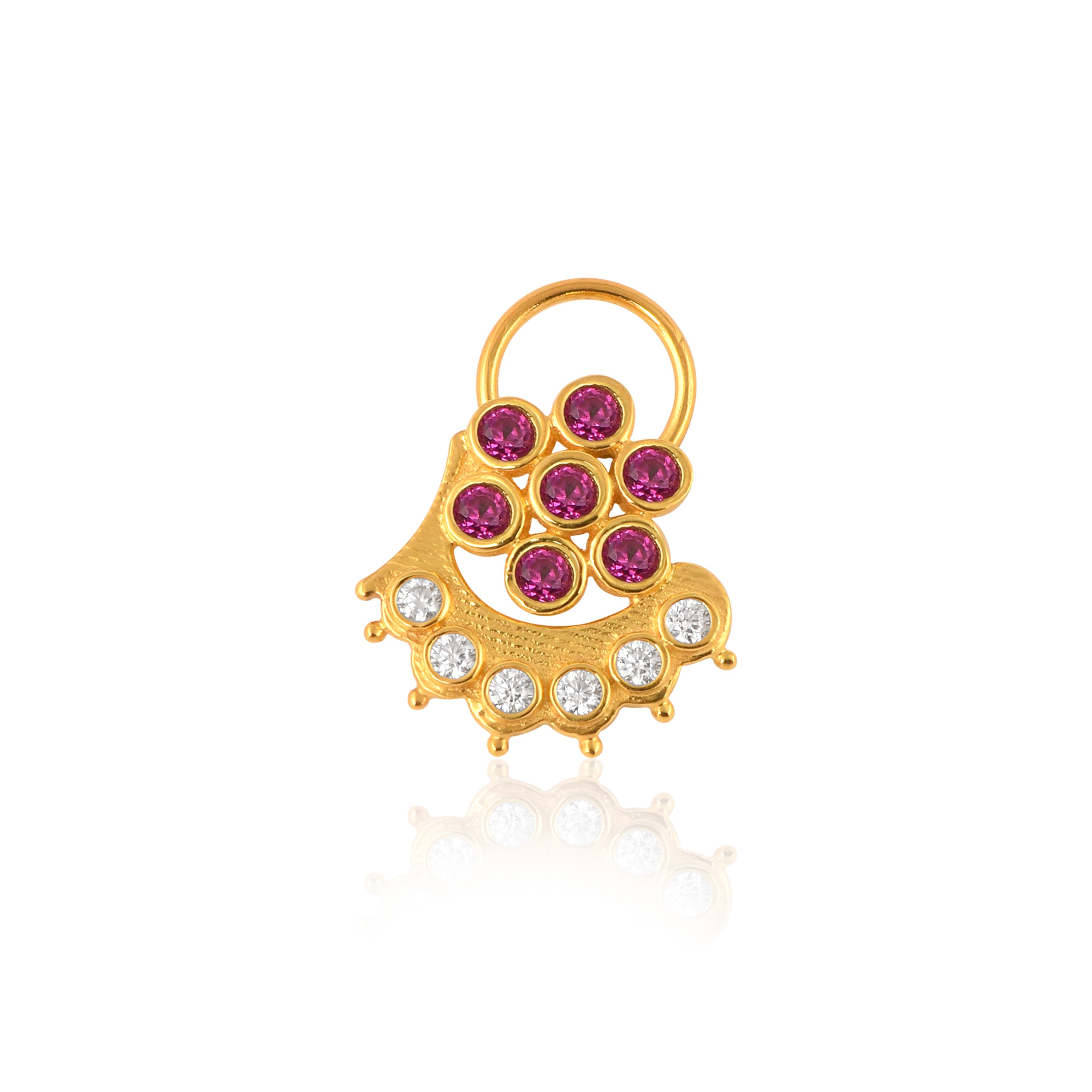 Ruby Pink & White CZ Floral Arc Motif Nose Pin - Sterling Silver Gold Plated