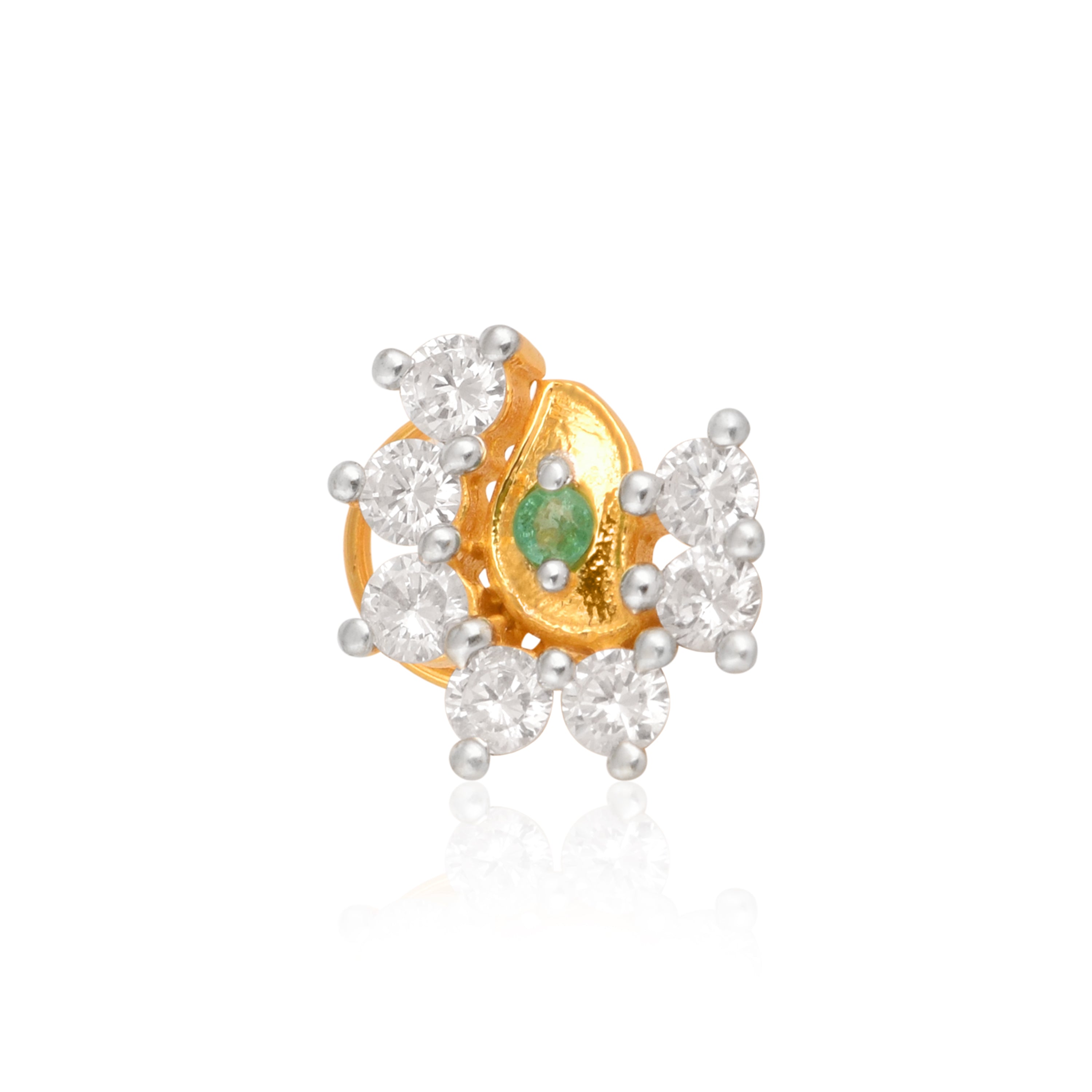 White CZ & Green Emerald Accent Nose Pin - Sterling Silver Gold Plated
