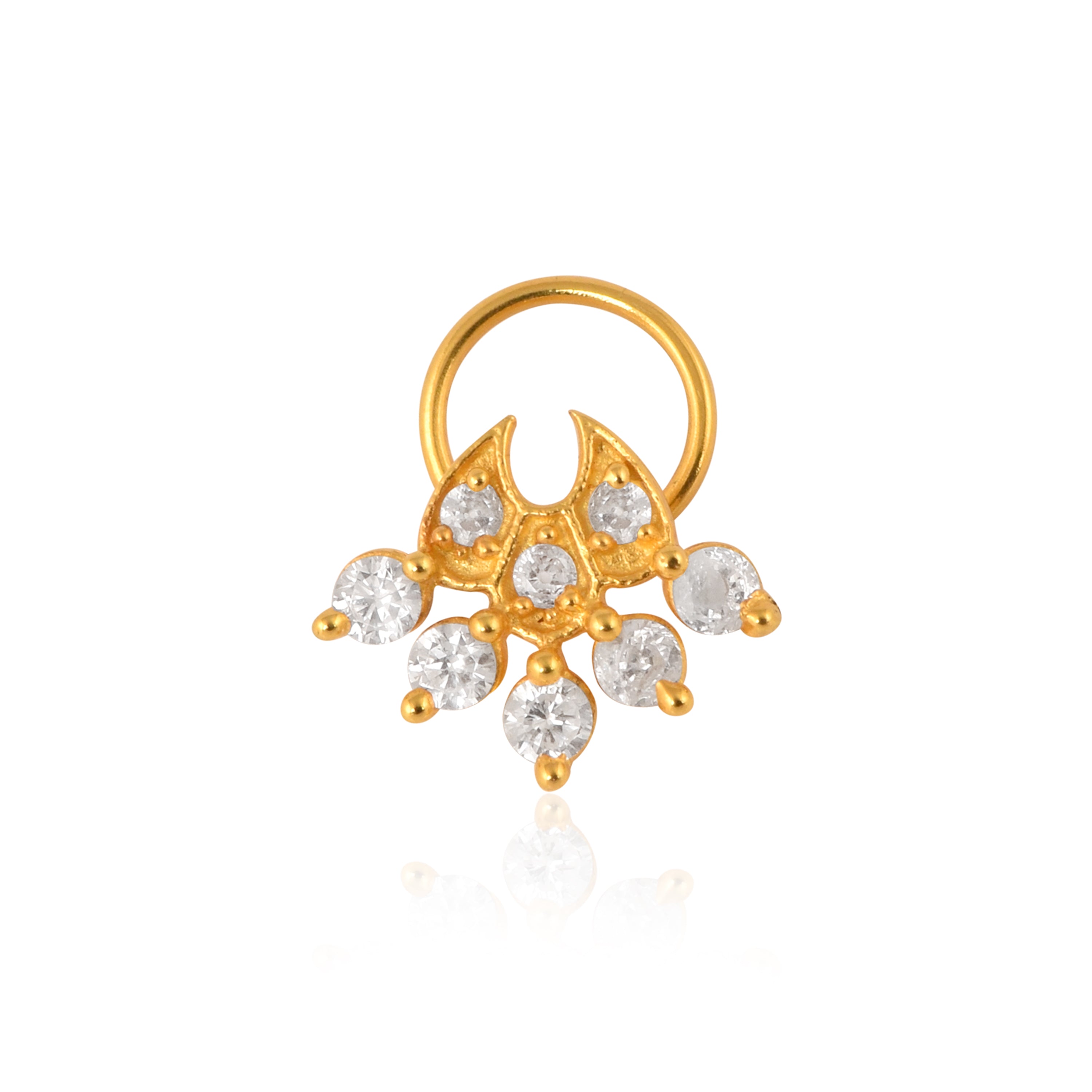 White CZ in Crescent Drop Ethnic Nose Pin - Sterling Silver Gold Plated