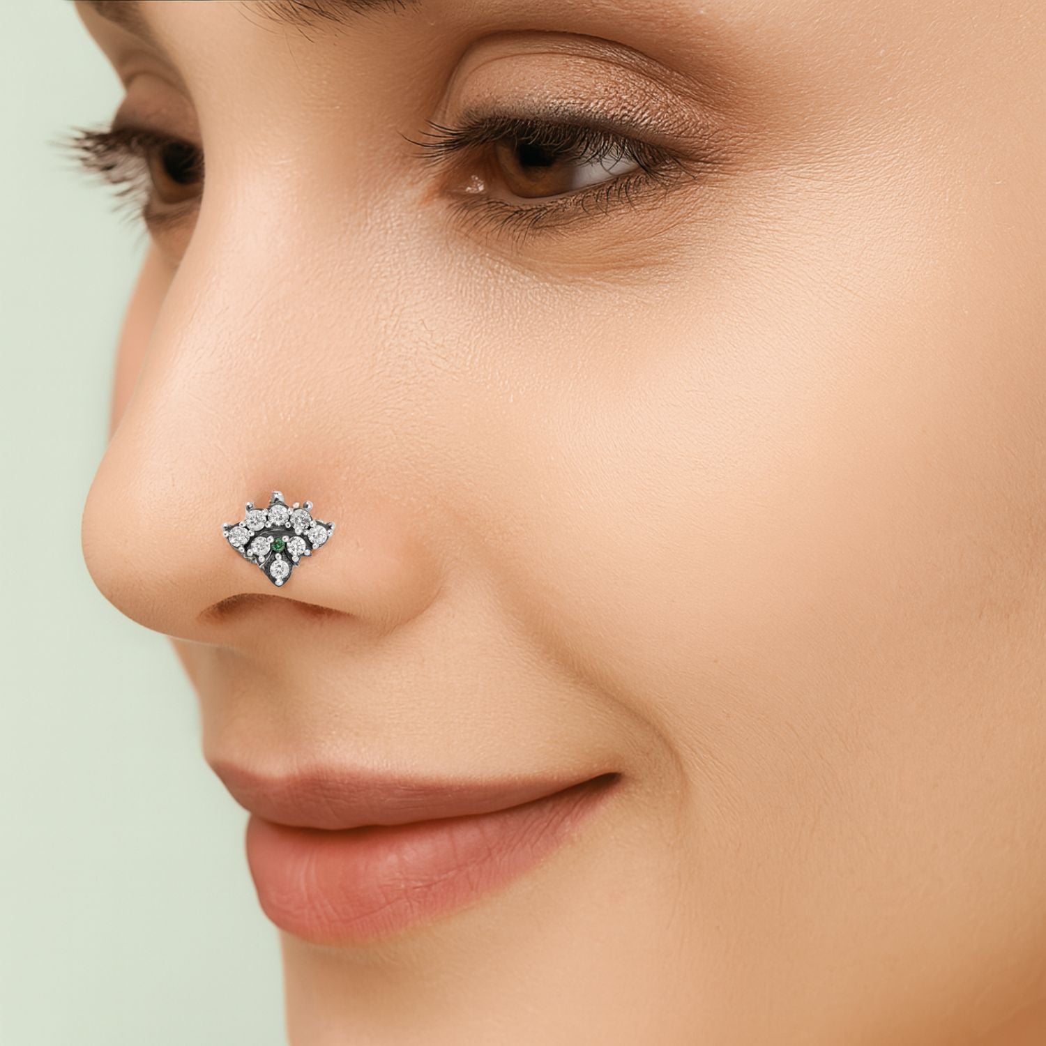 Green & White CZ Floral Cluster Nose Pin - Oxidized Sterling Silver