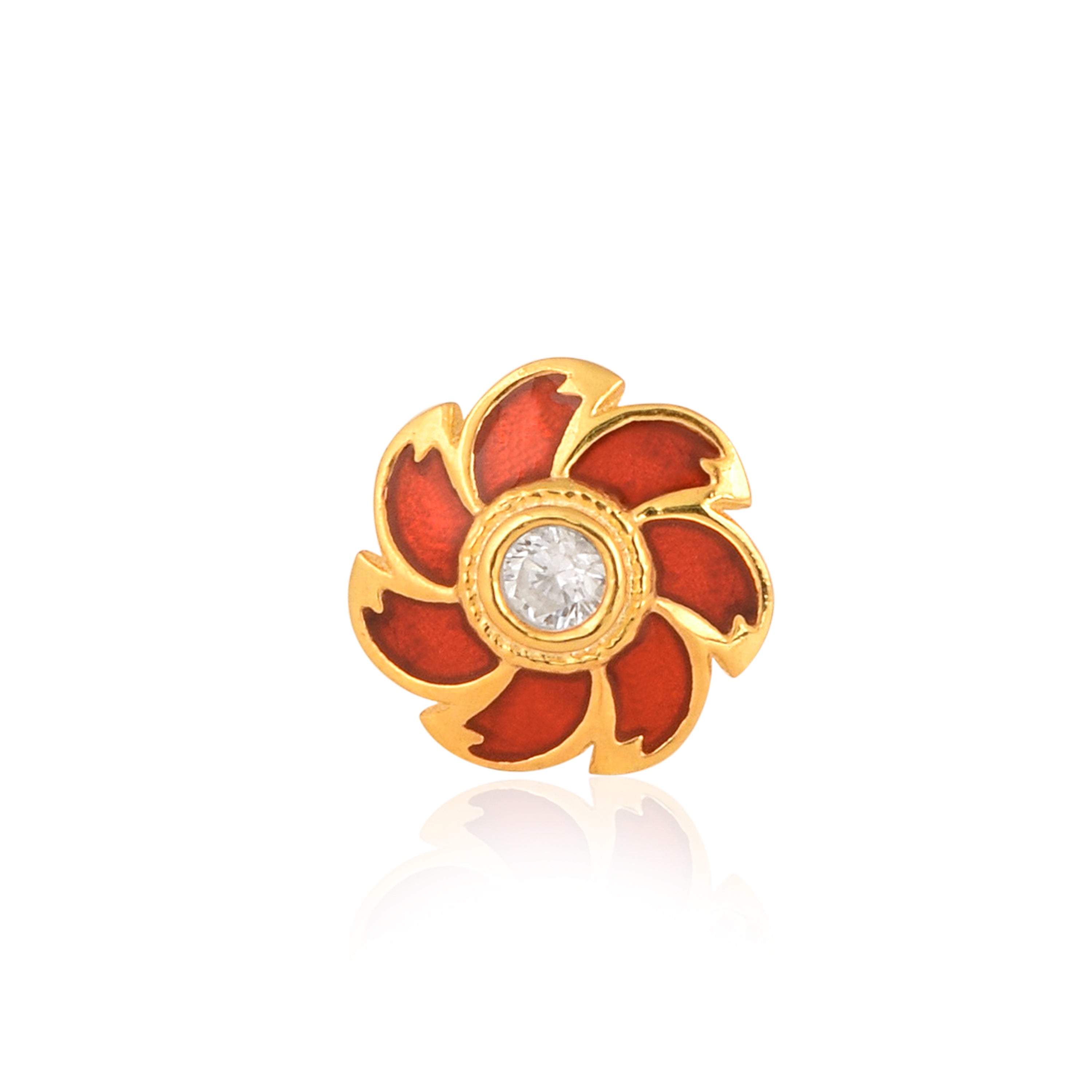 White CZ Center Red Enamel Floral Nose Pin - Srerling Silver Gold Plated