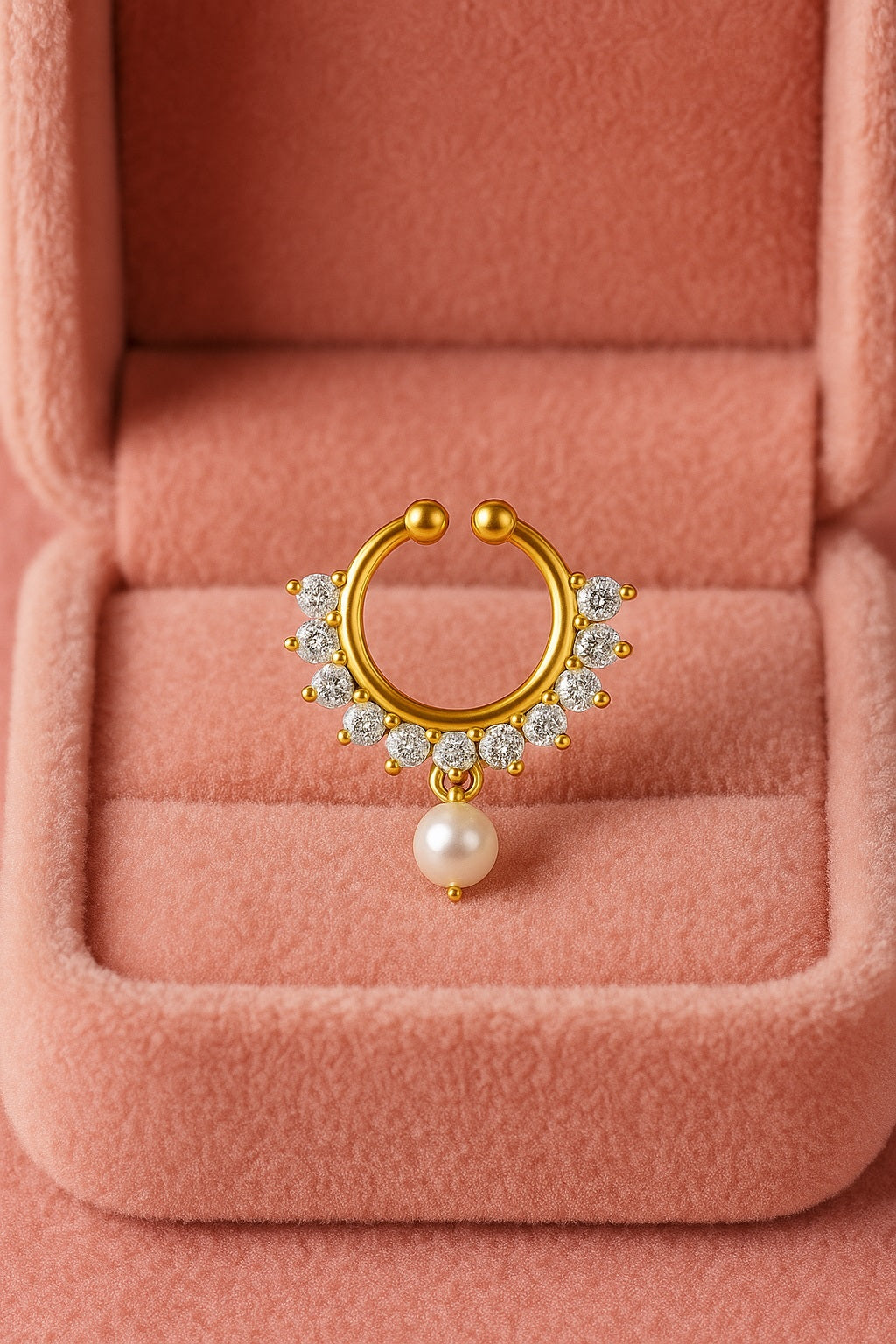 White CZ & Pearl Half-Sun Nose PIn – Sterling Silver Gold Plated