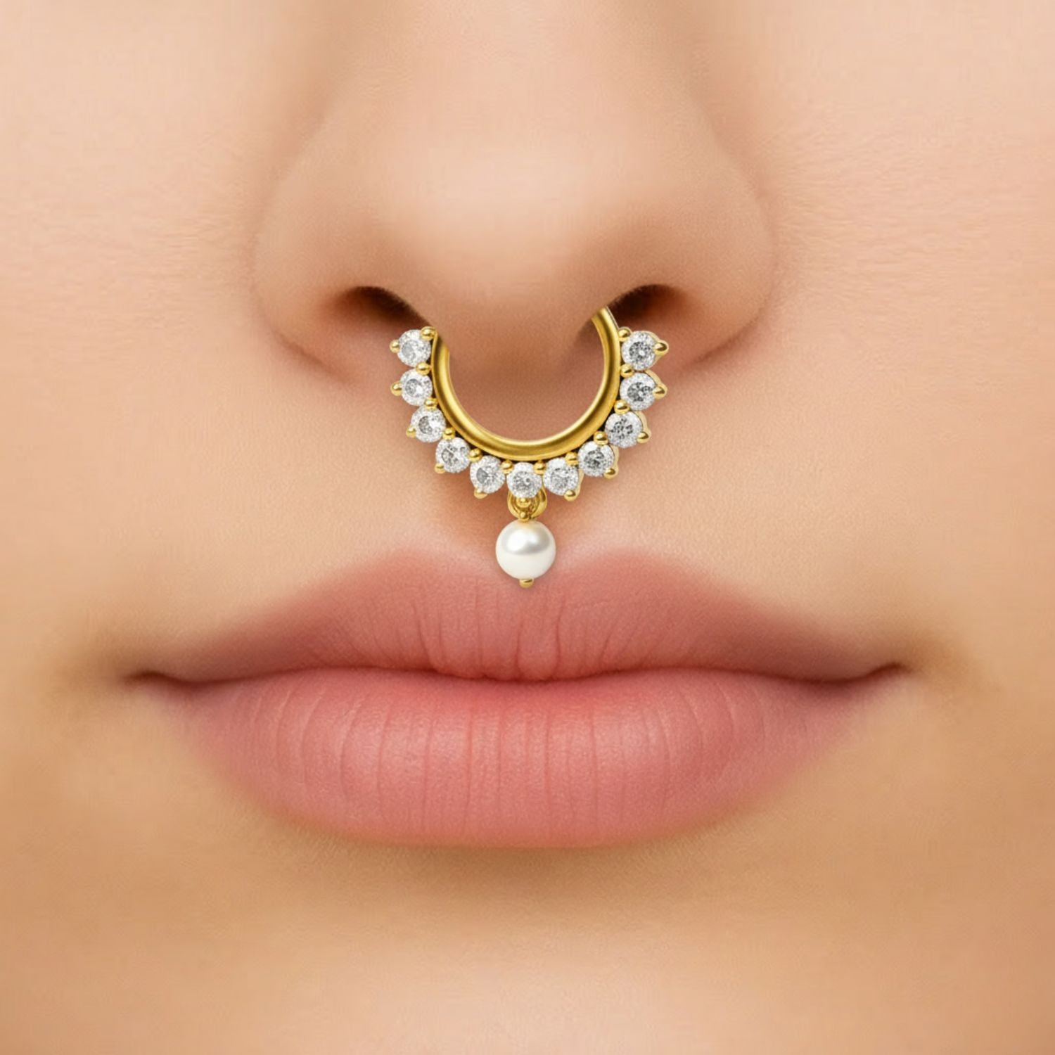 White CZ & Pearl Half-Sun Nose PIn – Sterling Silver Gold Plated