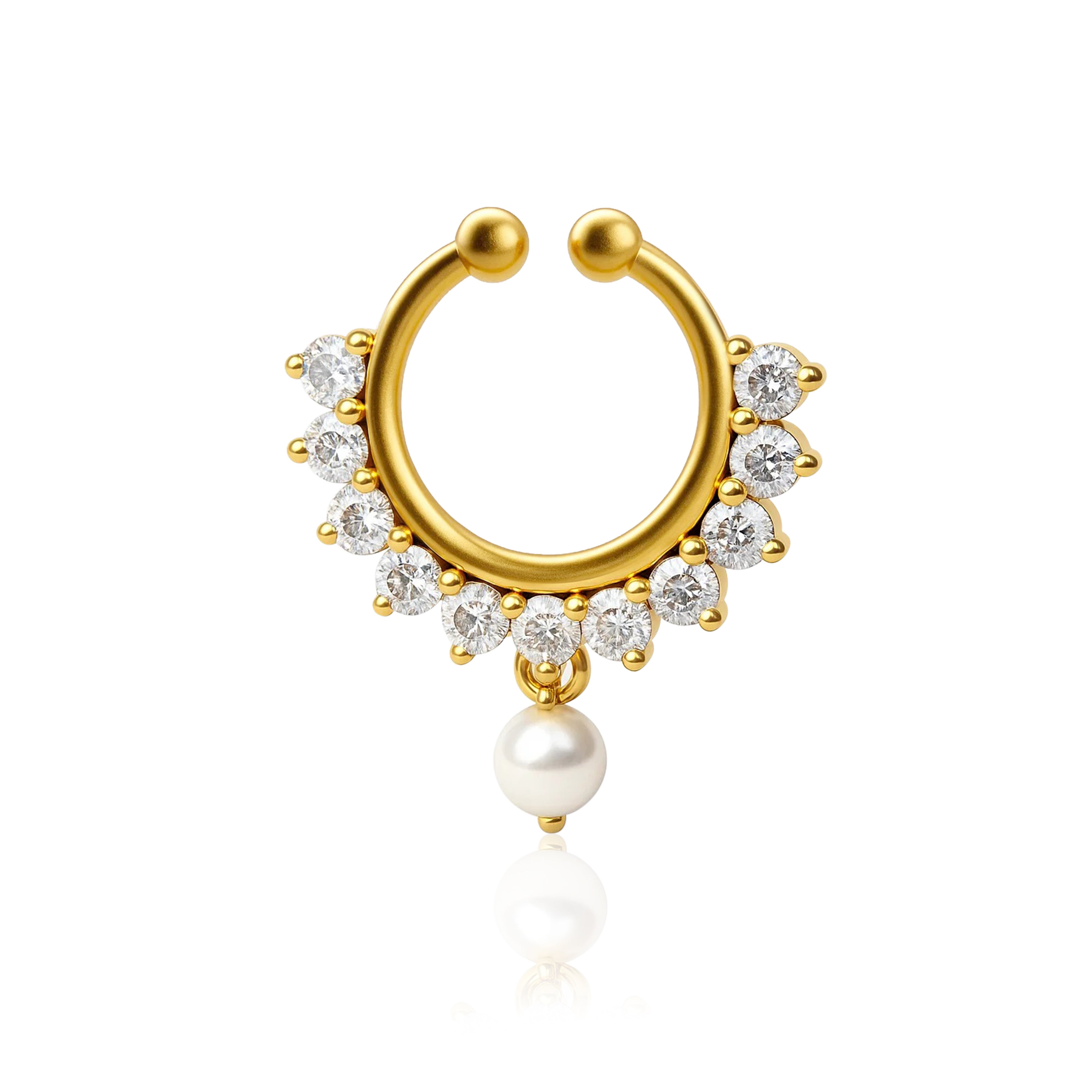White CZ & Pearl Half-Sun Nose PIn – Sterling Silver Gold Plated