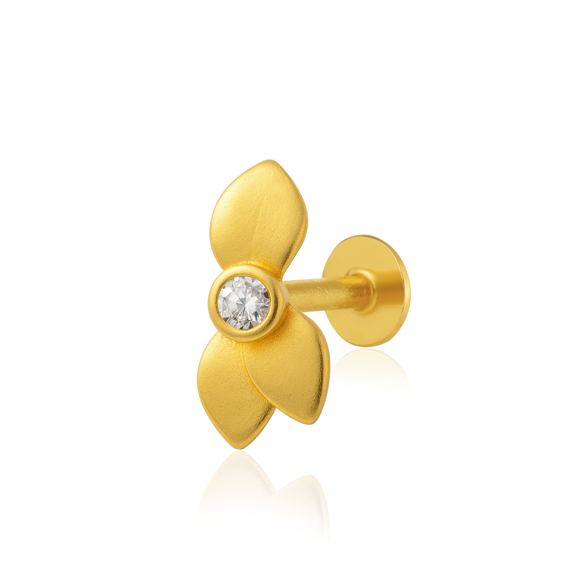 White CZ Center Three-Petal Floral Nose Pin - Sterling Silver Gold Plated