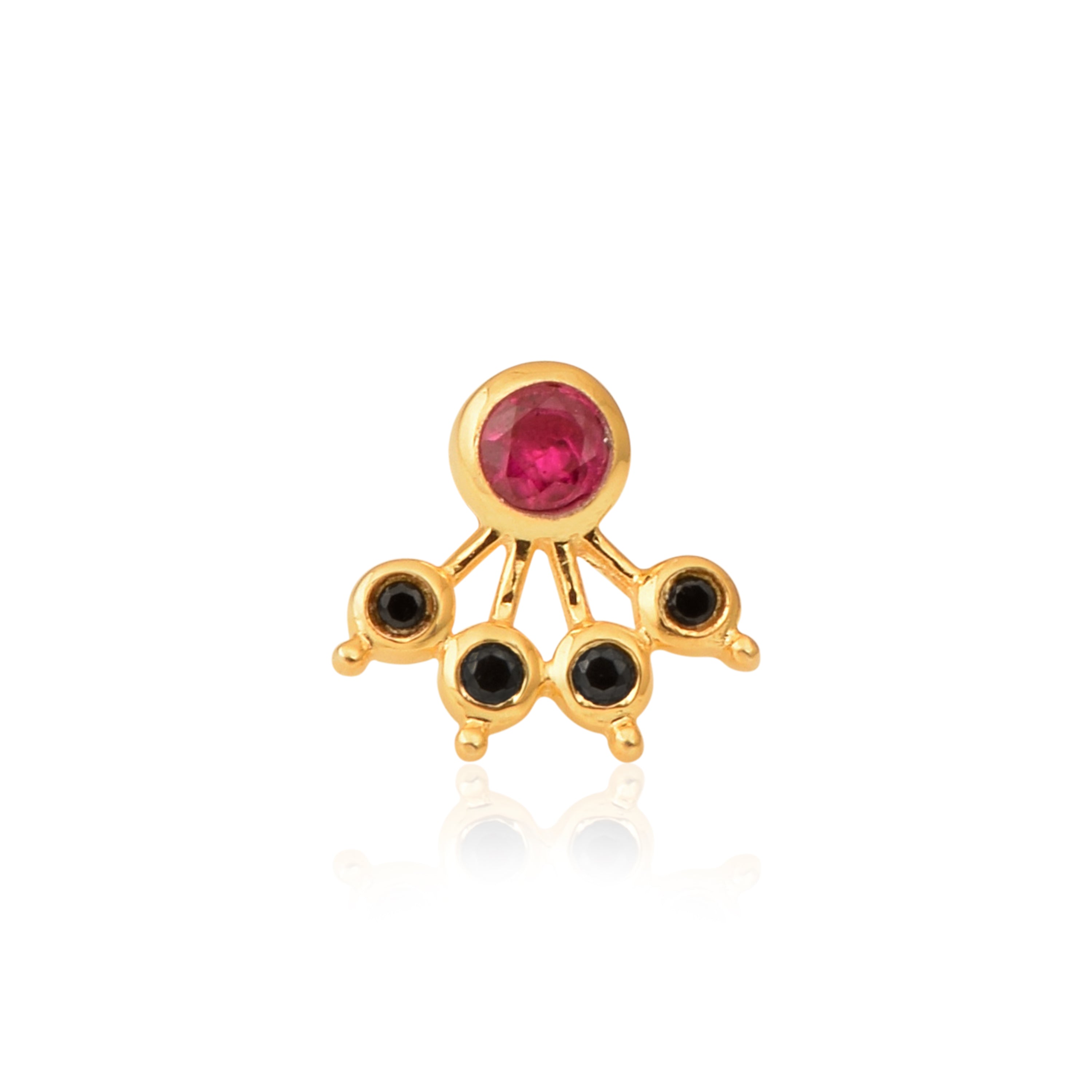 Red & Black CZ Five Petal Fan Design Nose Pin - Sterling Silver Gold Plated