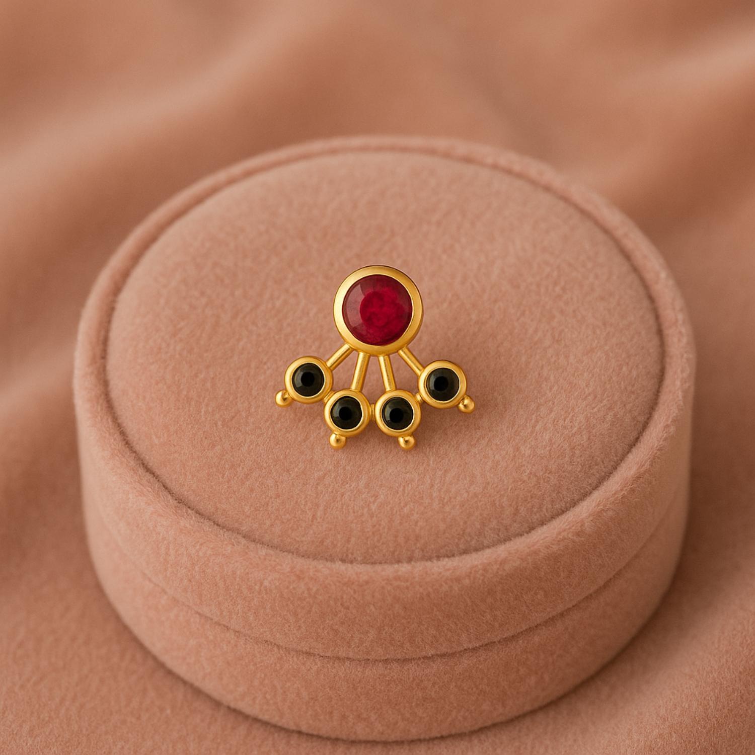 Red & Black CZ Five Petal Fan Design Nose Pin - Sterling Silver Gold Plated