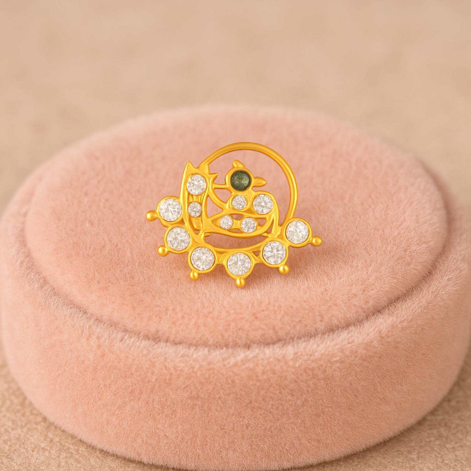 White & Green CZ Peacock Design Nose Pin - Sterling Silver Gold Plated