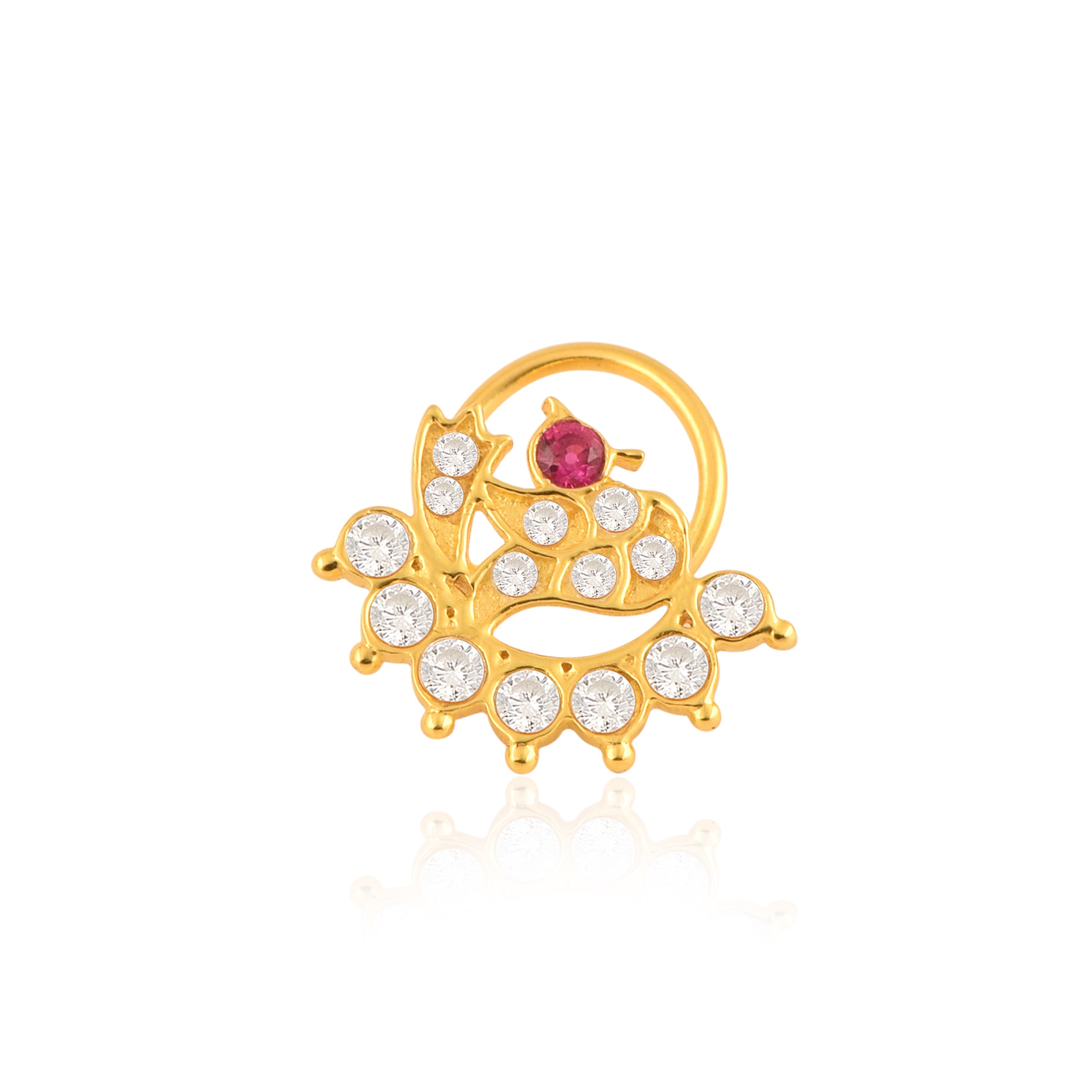White & Red CZ Peacock Design Nose Pin - Sterling Silver Gold Plated