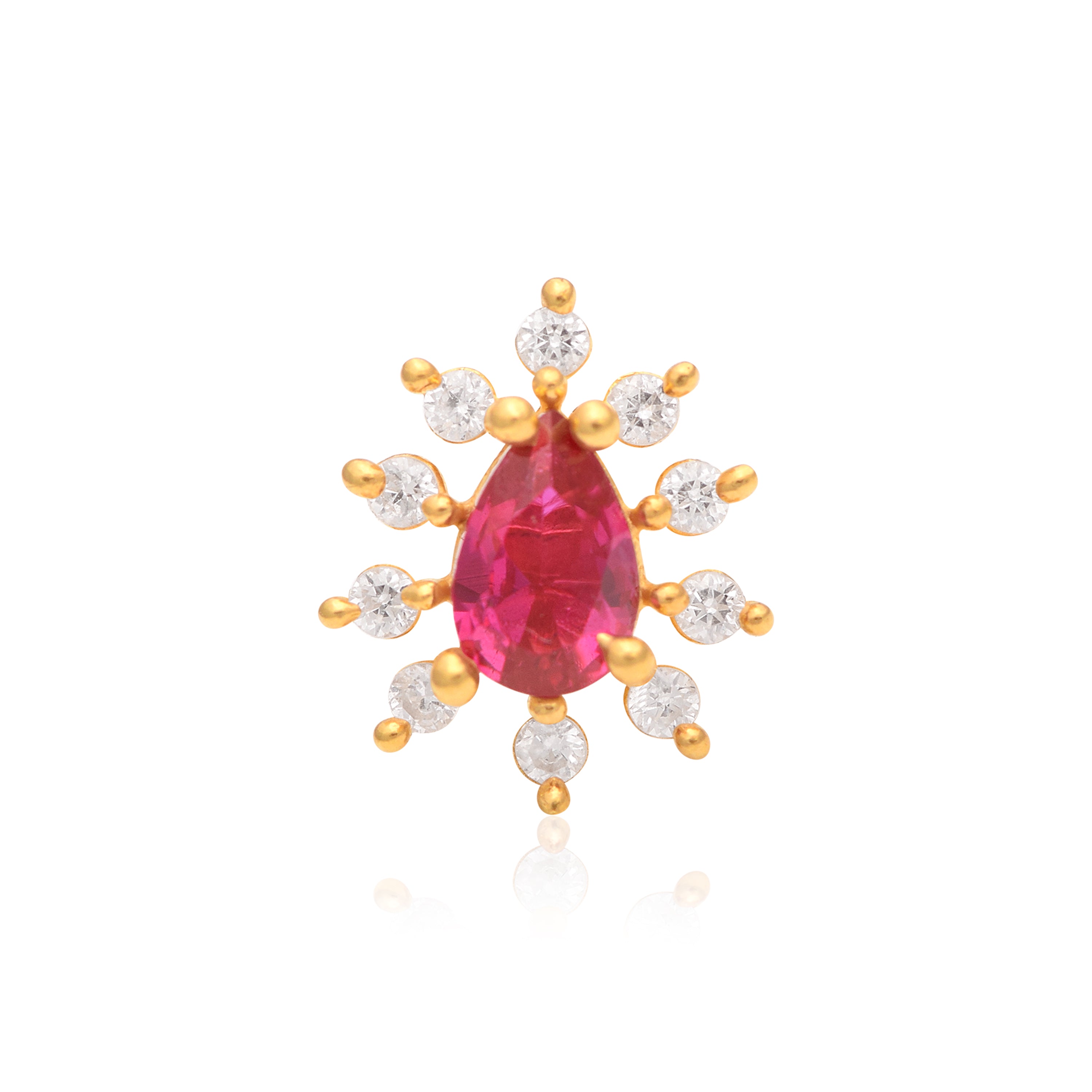 Red CZ Teardrop Halo Nose Pin - Sterling Silver Gold Plated